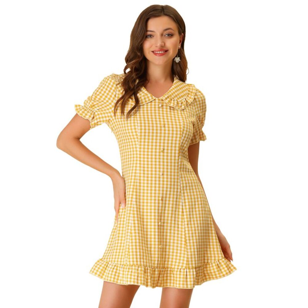 Gingham Print Ruffled Trim Puff Sleeve Peter Pan Collar Dress Yellow